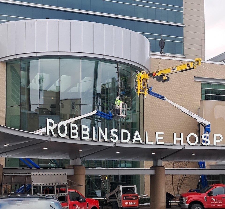 boom-lift-rental-robbinsdale-mn Boom lift in use at North Memorial Health in equipment rental service areas Robbinsdale, Minnesota